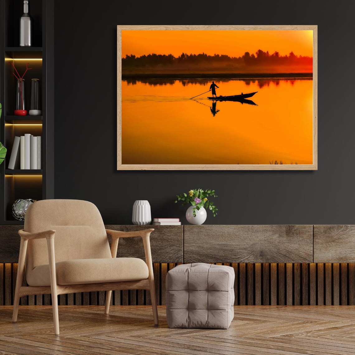 Fisherman at Sunset, Minimalist River Landscape