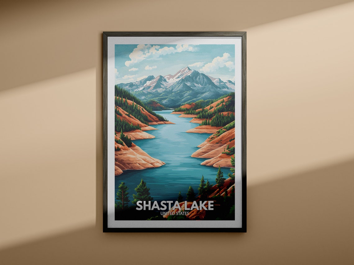 Shasta Lake Print United States Shasta Lake Poster United States Travel Poster Lake View Art Decor Holiday Poster - Image 3