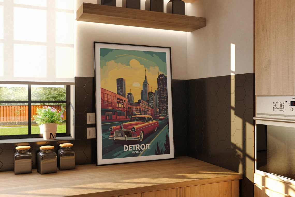 Detroit Travel Print Michigan Detroit Travel Poster Michigan Travel Poster Michigan Cityscape Wall Art Unique City Decor - Image 2