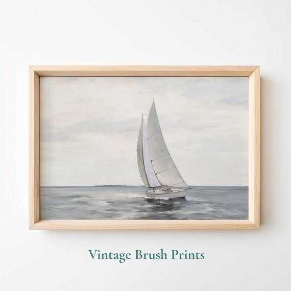Sailboat On Gray Ocean Waves Vintage Nautical Oil Painting Poster