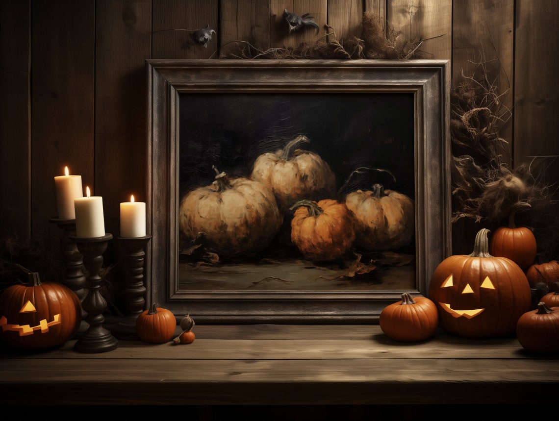 Vintage Pumpkin Still Life Painting Rustic Halloween Autumn Poster