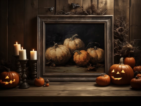Vintage Pumpkin Still Life Painting Rustic Halloween Decor