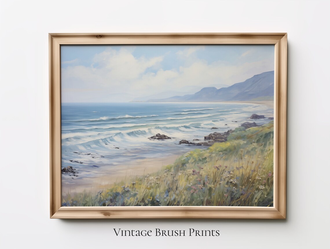 Rolling Ocean Waves Coastal Seascape Wildflower Dunes Oil Painting Poster