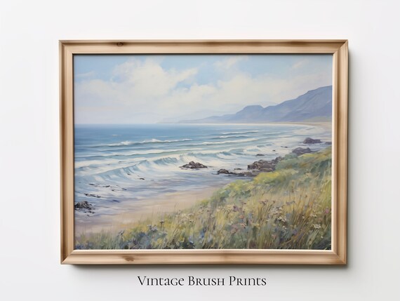 Rolling Ocean Waves Coastal Seascape Wildflower Dunes Oil Painting Poster