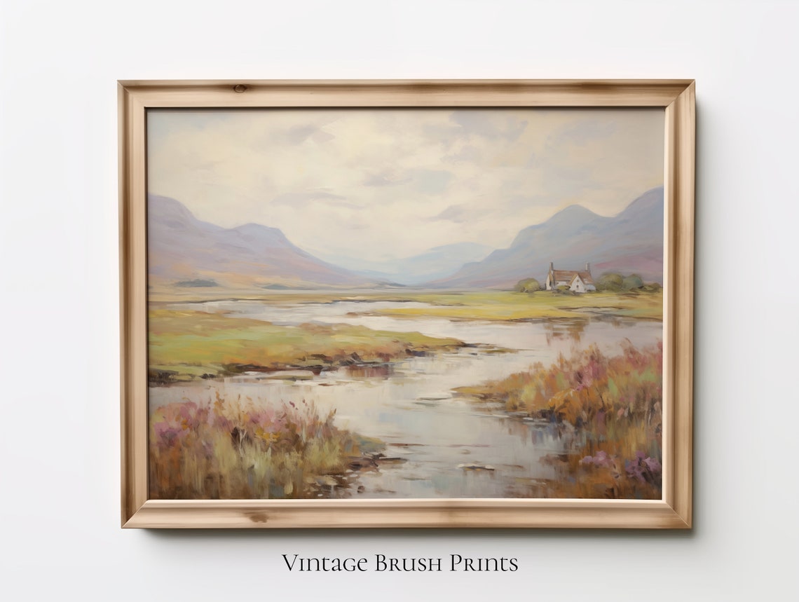 Rustic River Landscape With White Cottage and Misty Mountains Poster