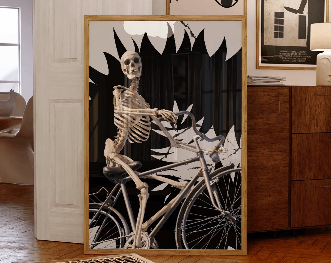 Skeleton Riding a Bicycle Halloween Black Graphic Poster Art