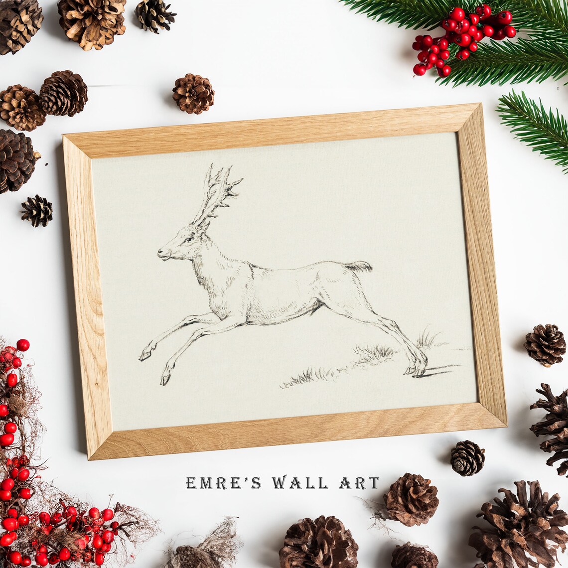 Vintage Leaping Stag Sketch Pencil Drawing Deer Wildlife Artwork Poster - Image 4