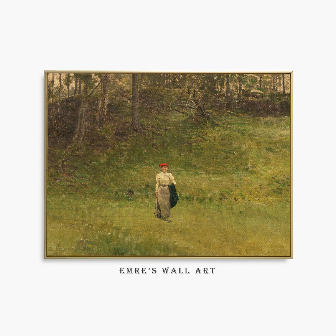 Lady Walking in Green Meadow Red Cap Vintage Landscape Poster