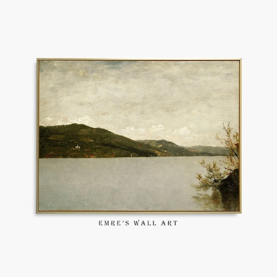 Vintage Lake Painting Mountain Landscape Wall Decor Antique Farmhouse Wall Art Rustic Lake House Poster