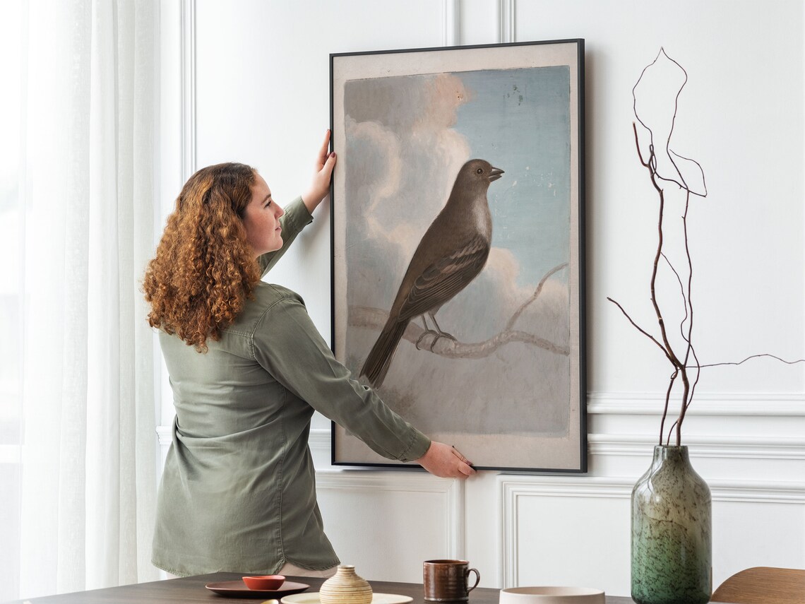 Brown Songbird on Branch Vintage Bird Illustration Cloudy Sky Poster - Image 2