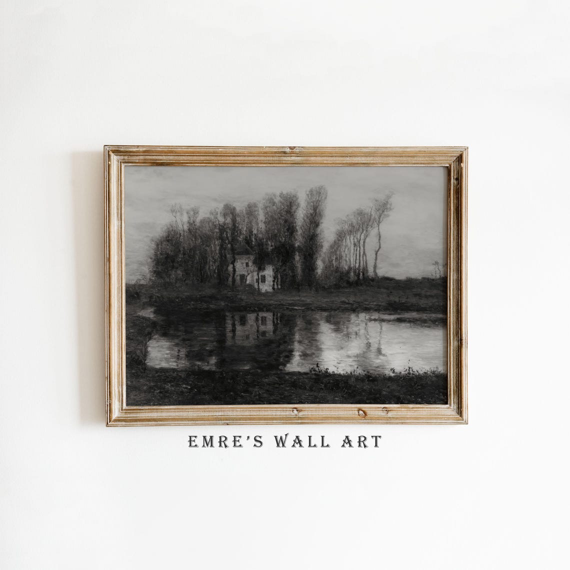 Old House by the River with Reflection Moody Black White Poster - Image 4