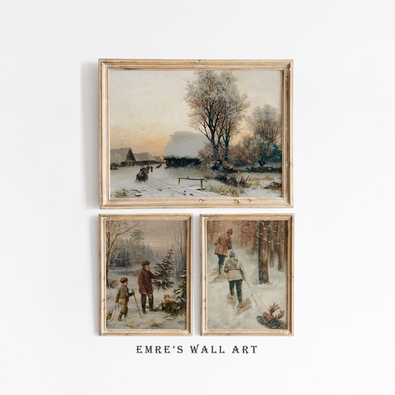 Vintage Winter Landscape Prints, Rustic Holiday Decor