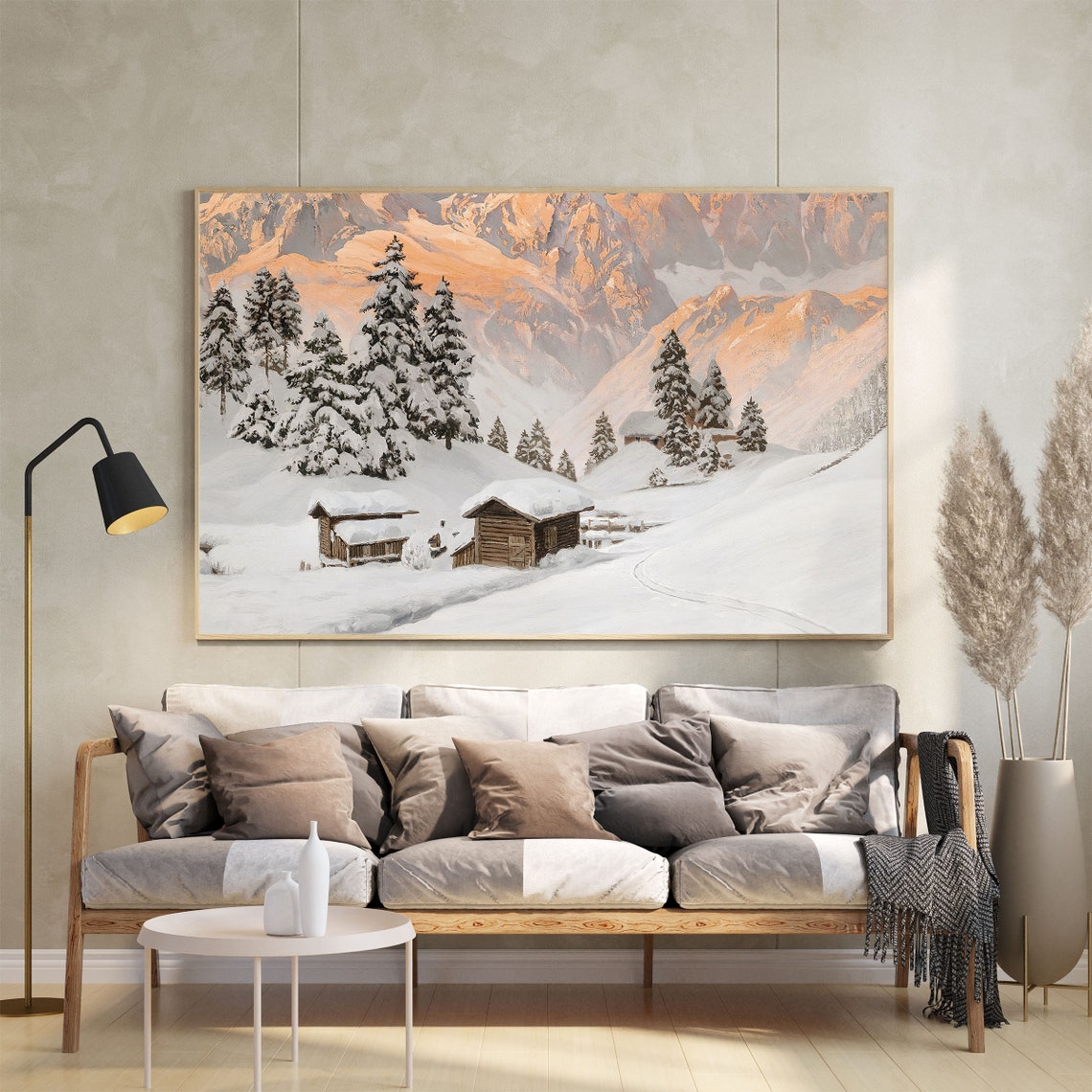 Alpine Cabins Snow Alpenglow Mountain Winter Landscape Painting Poster - Image 2