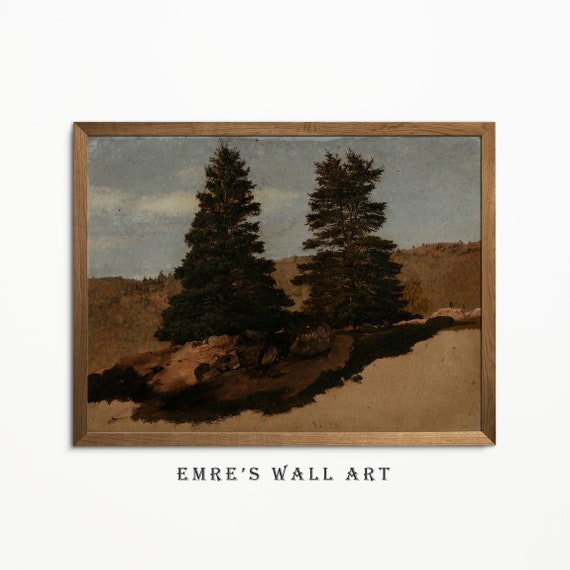 Vintage Pine Tree Painting Woodland Wall Art Print Rustic Tree Landscape Art Earth Tone Farmhouse Artwork
