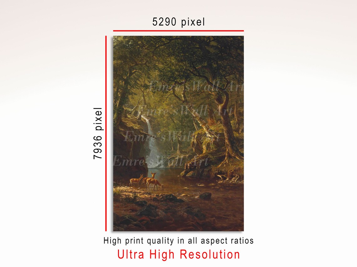 Vintage Waterfall Landscape Art Print, Deer Forest Scene - Image 3