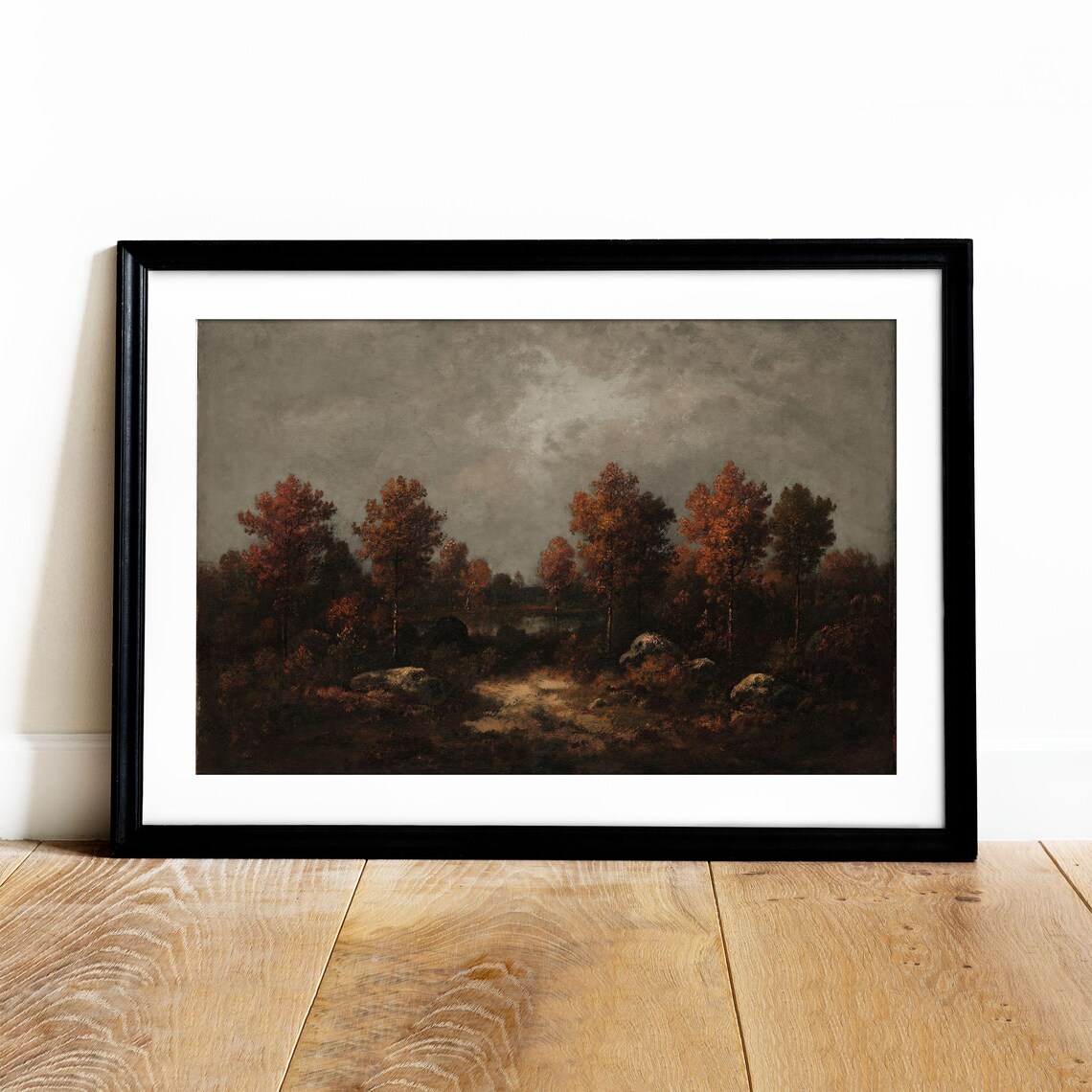 Moody Autumn Forest Pond Vintage Fall Landscape Dark Rustic Painting Print - Image 4