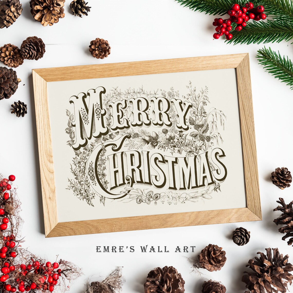 Merry Christmas Drawing Art, Vintage Holiday Poster - Image 4