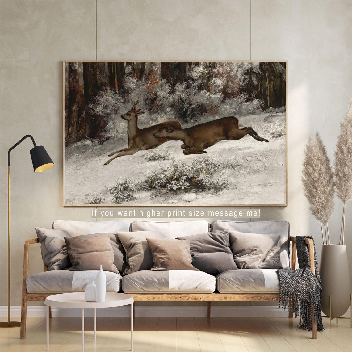 Deer Leaping Through Snowy Forest Vintage Wildlife Painting Poster - Image 2