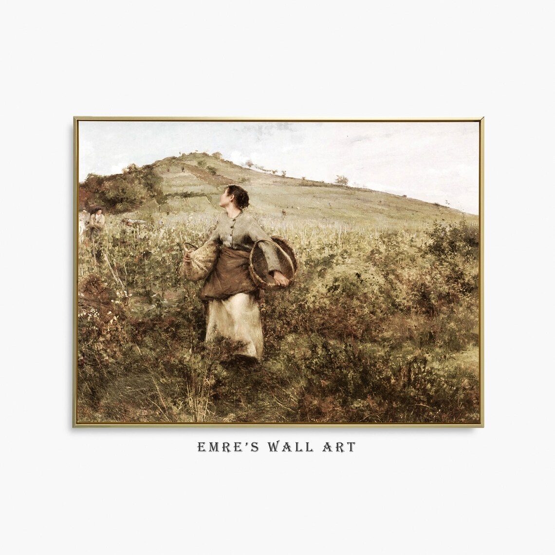 Harvest Woman Basket Golden Field Hills Vintage Country Painting Poster