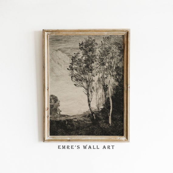 Vintage Landscape Sketch Art Print Rustic Drawing Wall Decor Neutral Farmhouse Artwork