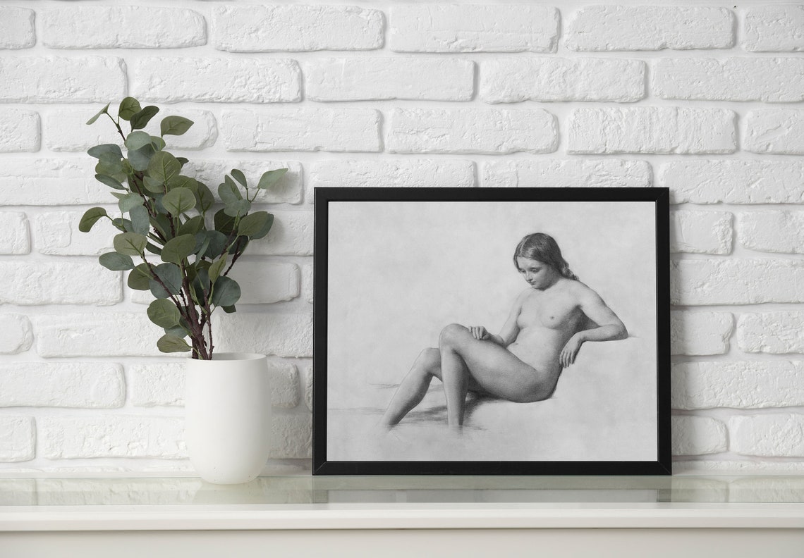 Seated Nude Woman Charcoal Sketch Vintage Academic Figure Poster - Image 2