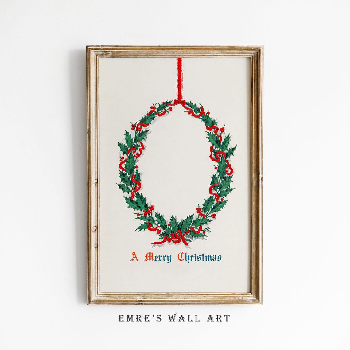 A Merry Christmas Holly Wreath Red Ribbon Vintage Holiday Wall Art - Image 4