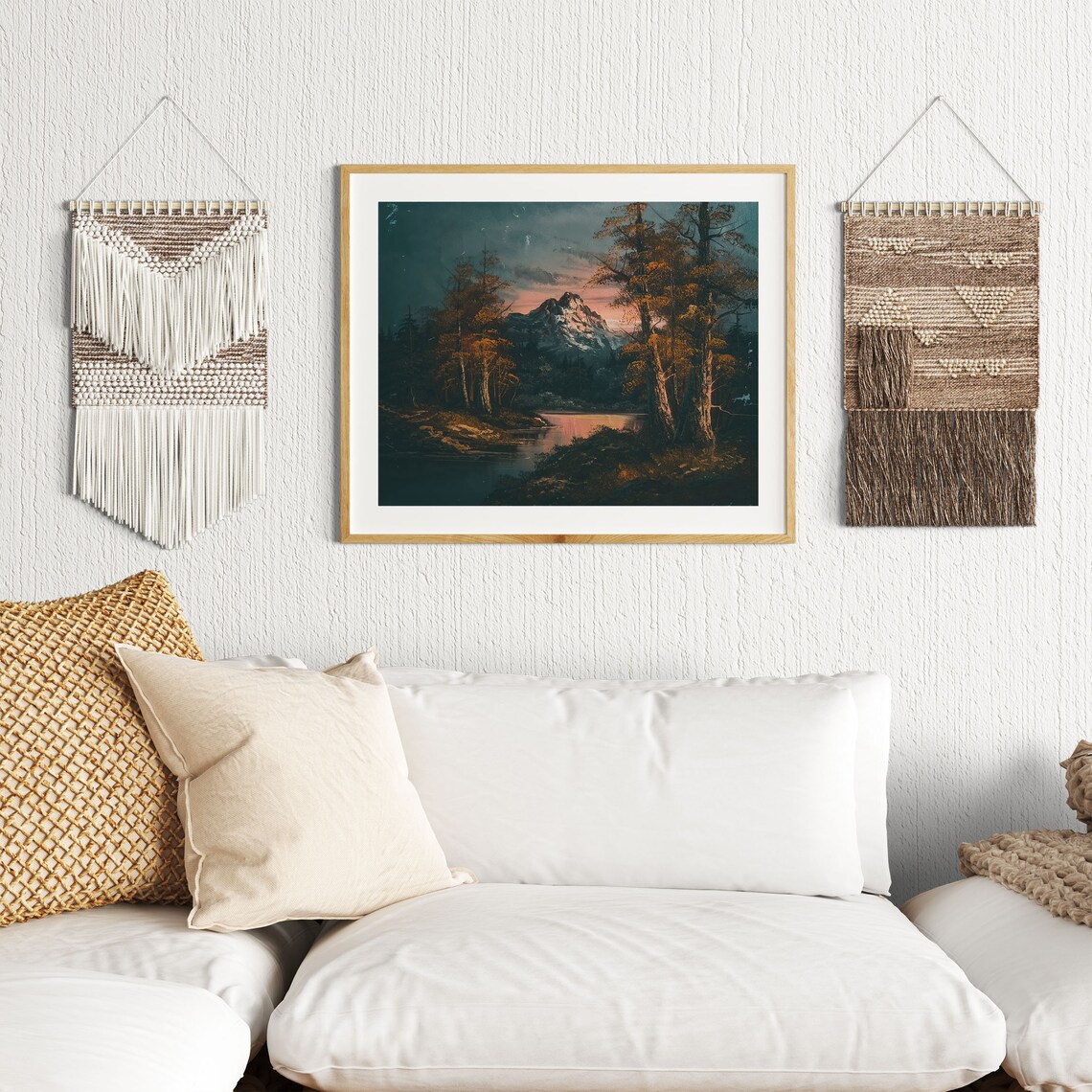 Moody Mountain Lake Sunset Snow Peak Amber Forest Landscape Poster - Image 2