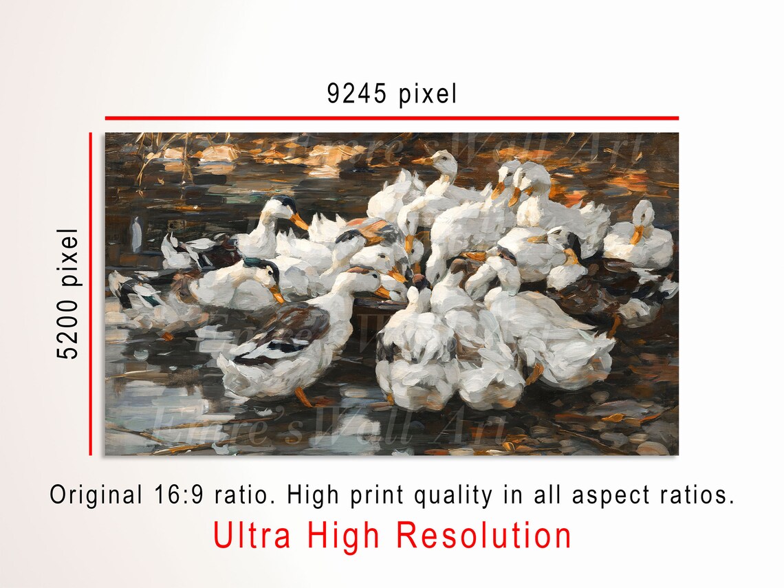 White Ducks Flock Farm Pond Vintage Country Oil Painting Poster - Image 3
