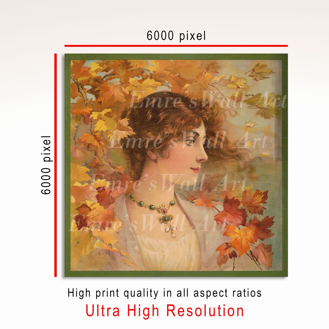 Vintage Autumn Woman Portrait Maple Leaves Green Pendant Jewelry Poster - Image 3