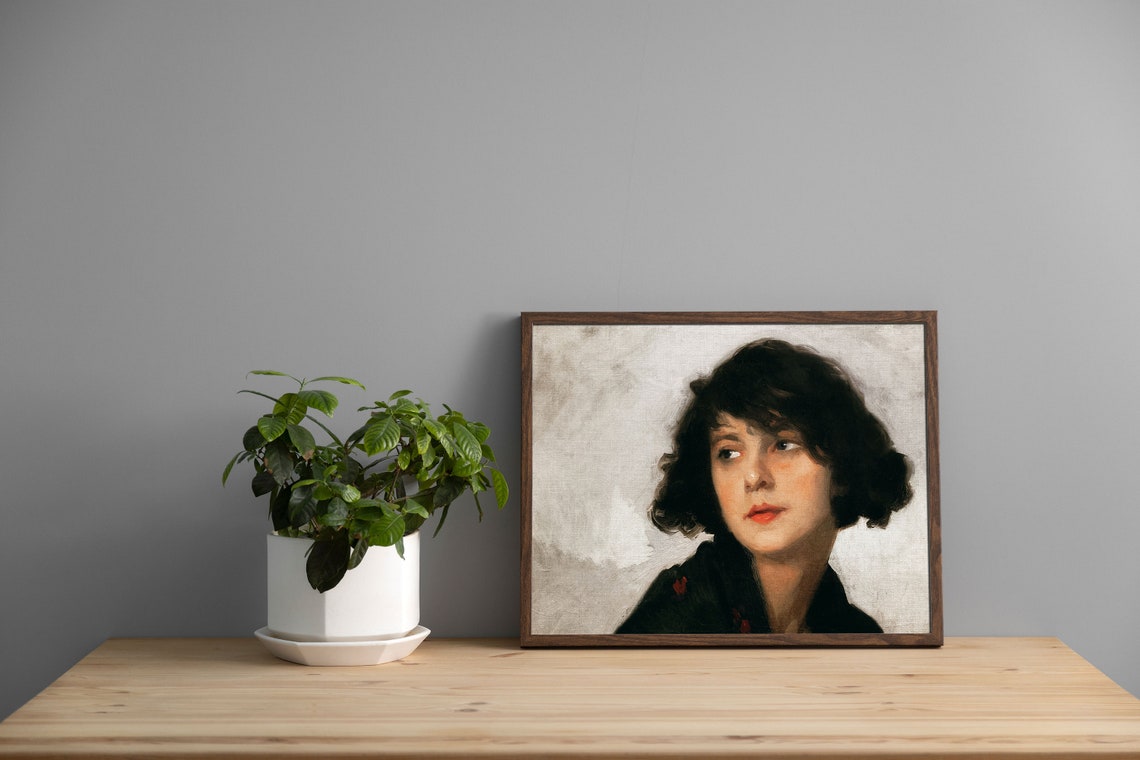 Vintage Woman Portrait Dark Bob Red Lips Oil Painting Art Poster - Image 2