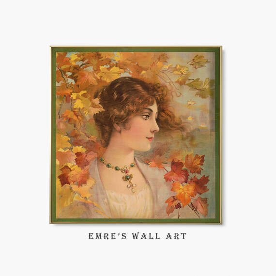 Vintage Autumn Woman Portrait Maple Leaves Green Pendant Jewelry Poster