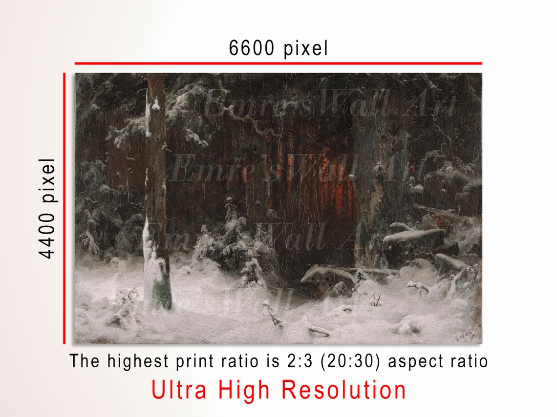 Dark Winter Forest Red Sunset Glow Behind Snowy Pines Poster - Image 3