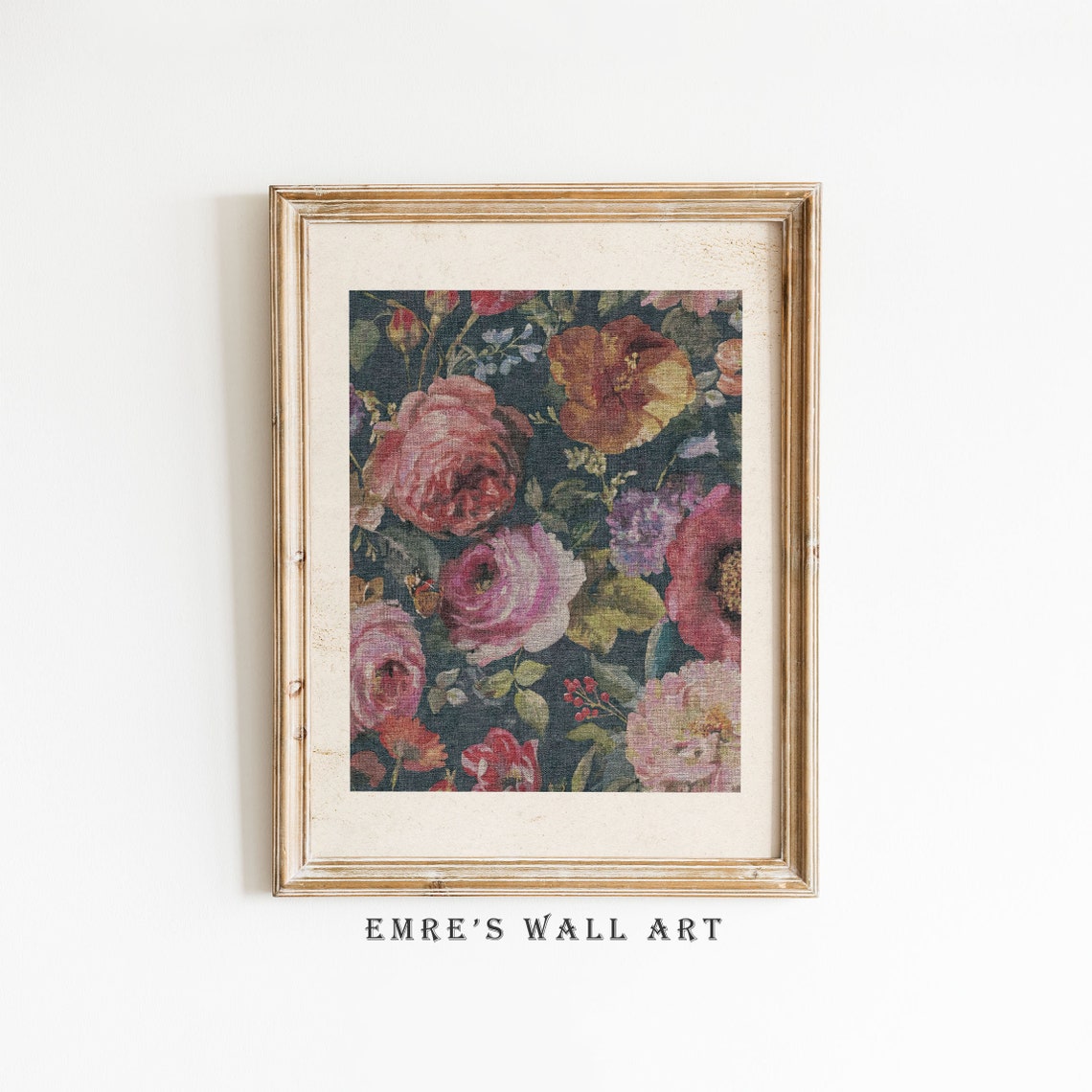 Vintage Floral Pattern Dark Roses Botanical Textile Art Print