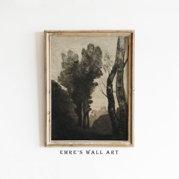 Neutral Country Sketch Art Print Vintage Rustic Landscape Home Decor Antique Tree Drawing Vintage Sketch