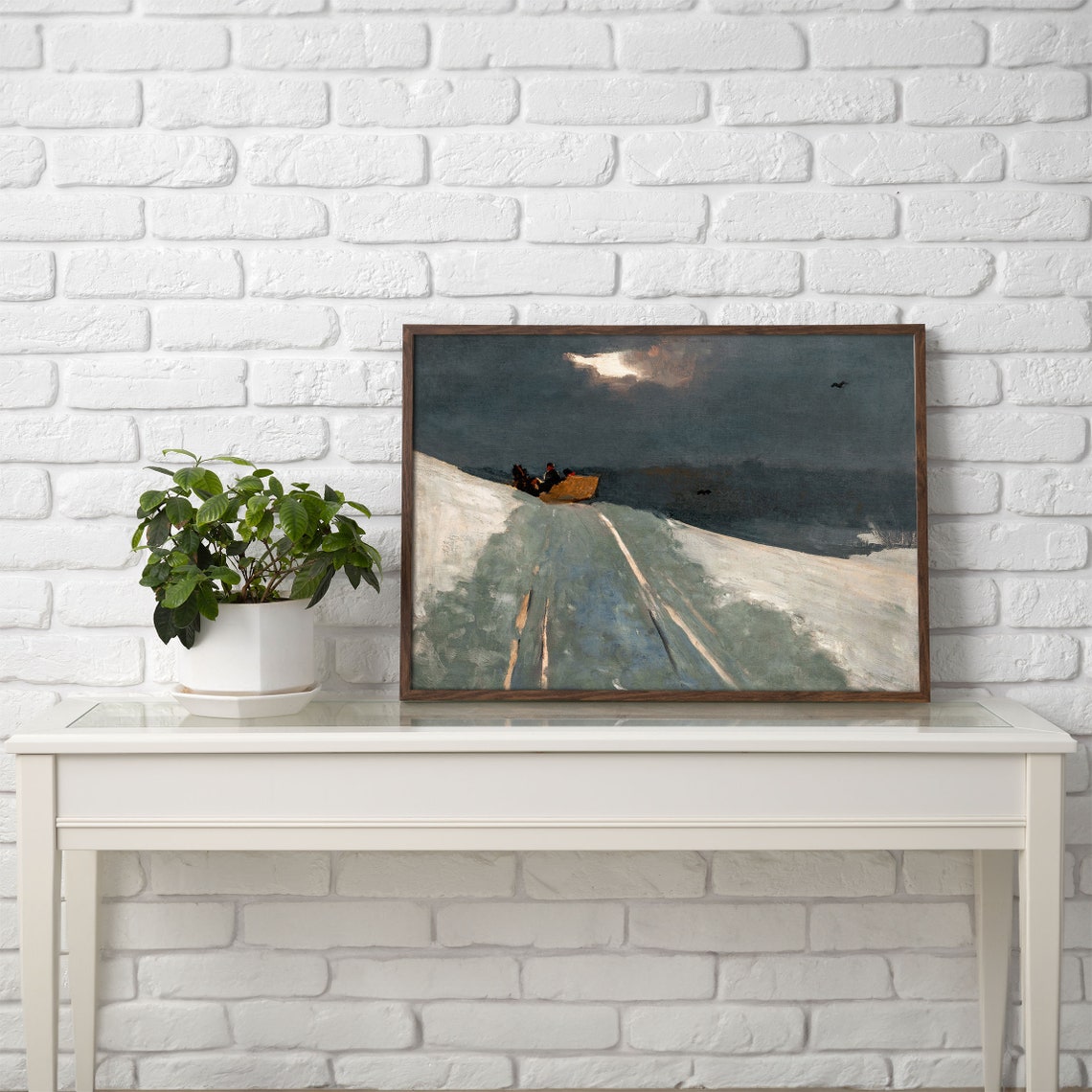 Moody Winter Night Sleigh Ride Horse Drawn Snowy Road Moonlight Poster - Image 2