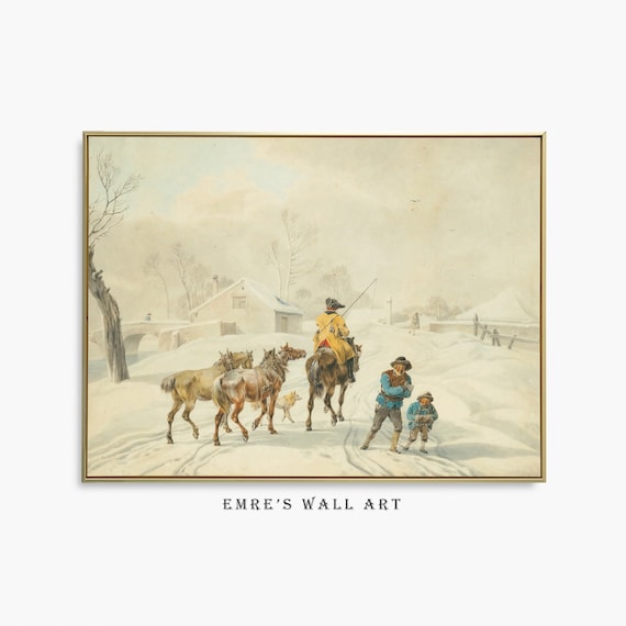 Vintage Winter Landscape Painting Horses In Snow Country Scene Poster
