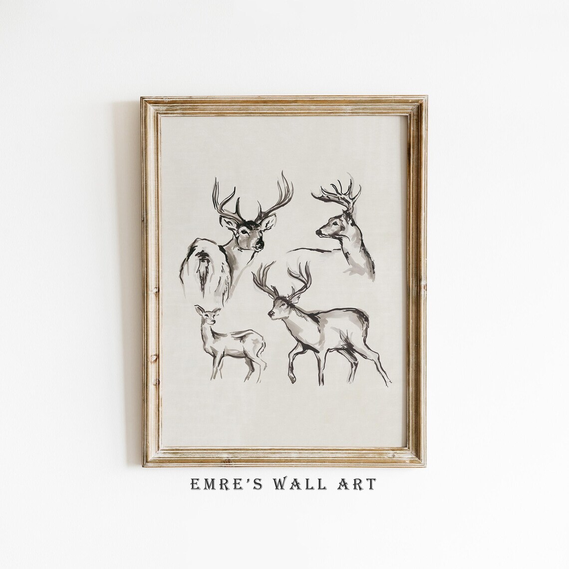 Deer Studies Ink Wash Stag and Doe Sketch Wildlife Fine Poster