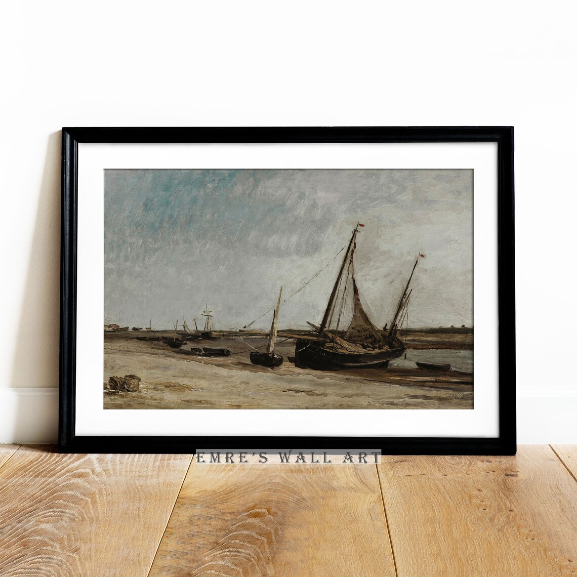 Beached Fishing Boats Vintage Seascape Gray Sky Coastal Painting Poster - Image 4