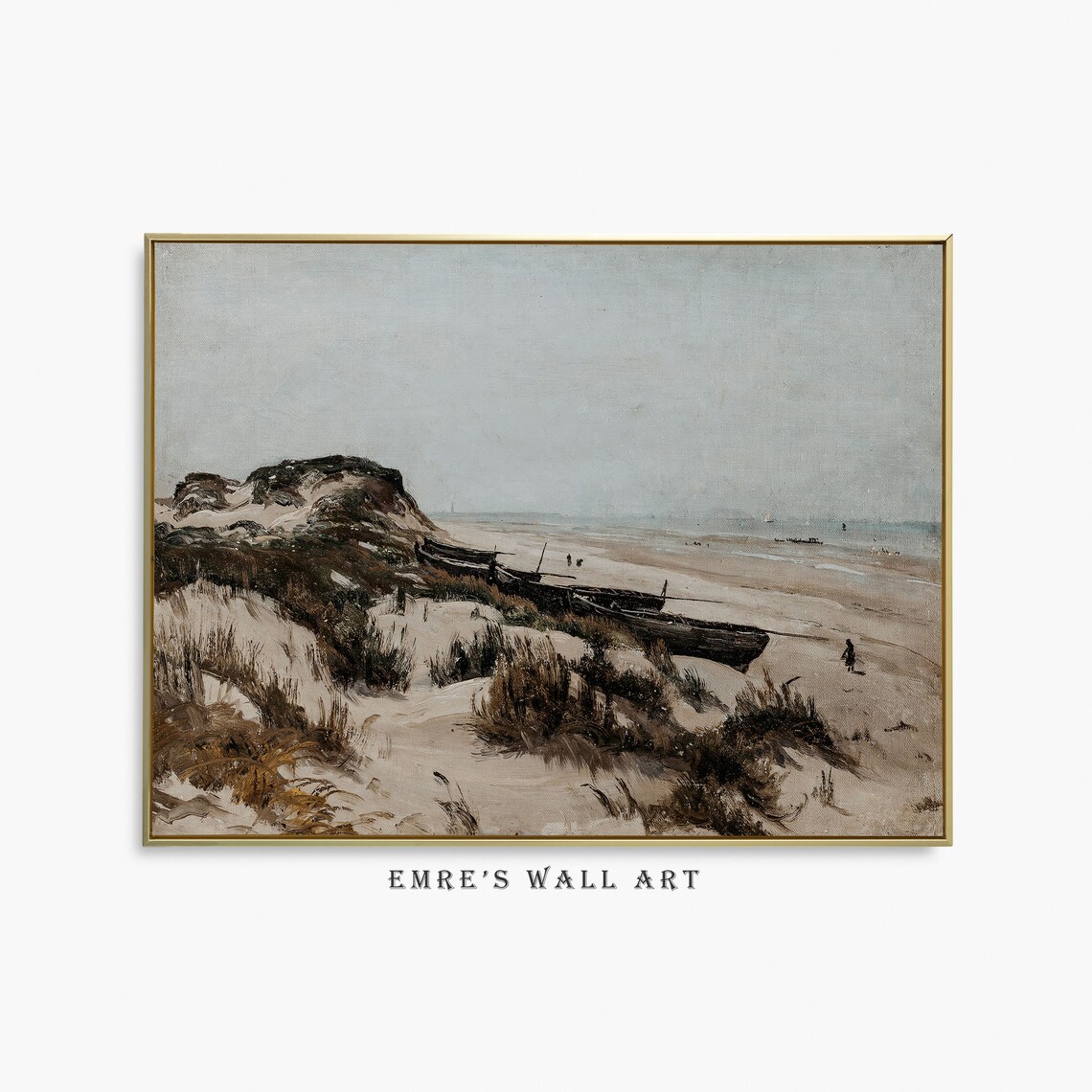 Muted Neutral Beach Painting Sand Dunes Boats Calm Sea Coastal Poster