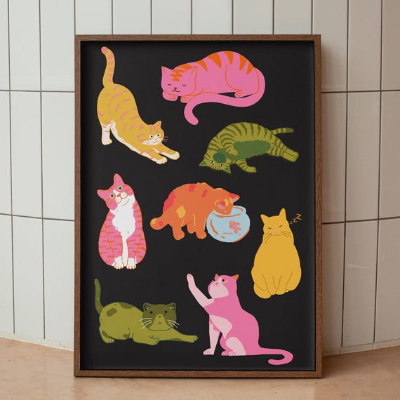Cat Wall Art Print Funny Poster Cute Kitten Moods Colourful Retro Apartment Decor