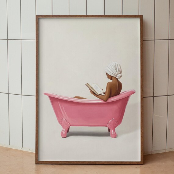 Woman Reading in Pink Bathtub Funny Book Lover Decor Wall Poster
