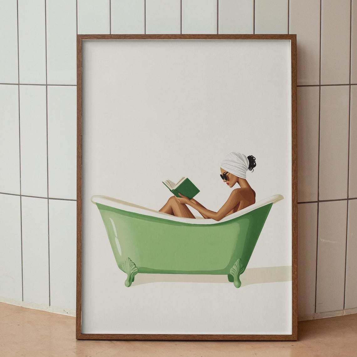 Woman Reading in Green Bathtub Funny Book Lover Decor Wall Poster
