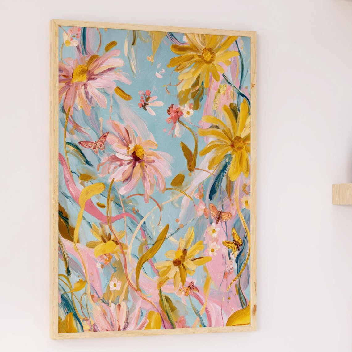 Modern Pastel Floral Daisies Butterflies Abstract Nature Poster