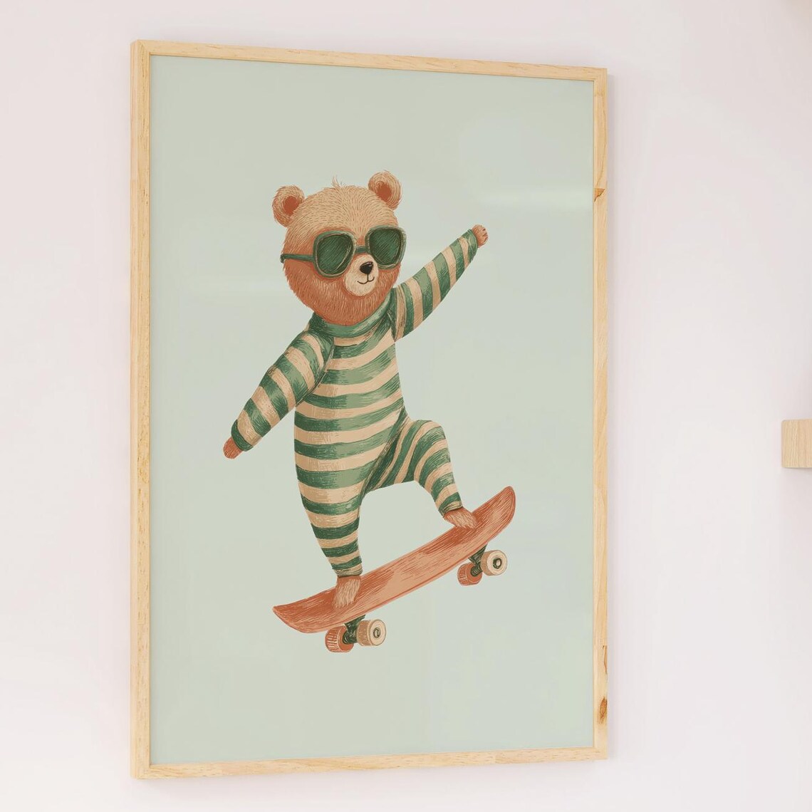Cool Bear Skateboard Mint Green Background Kids Animal Art Poster