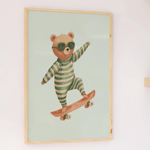 Funny Hallway Decoration Poster Vintage Bear Skateboard Retro Animal Green Brown Playful Illustration Cute Living Room Wall Art