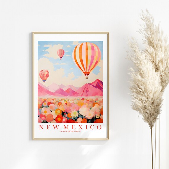 New Mexico Travel Poster Land Of Enchantment State Print Hot Air Balloons Retro Pink Orange Teal Painting