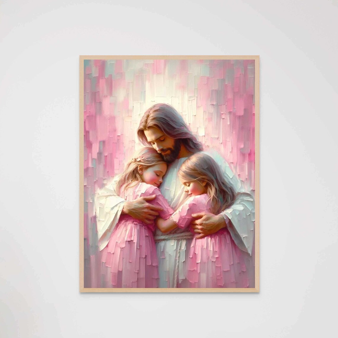 Jesus Hugging Two Little Girls in Soft Pink Impasto Christian Poster