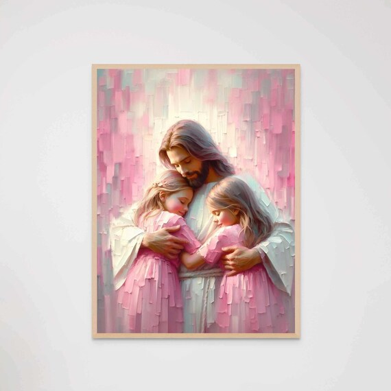 Jesus Hugging Two Little Girls in Soft Pink Impasto Christian Poster