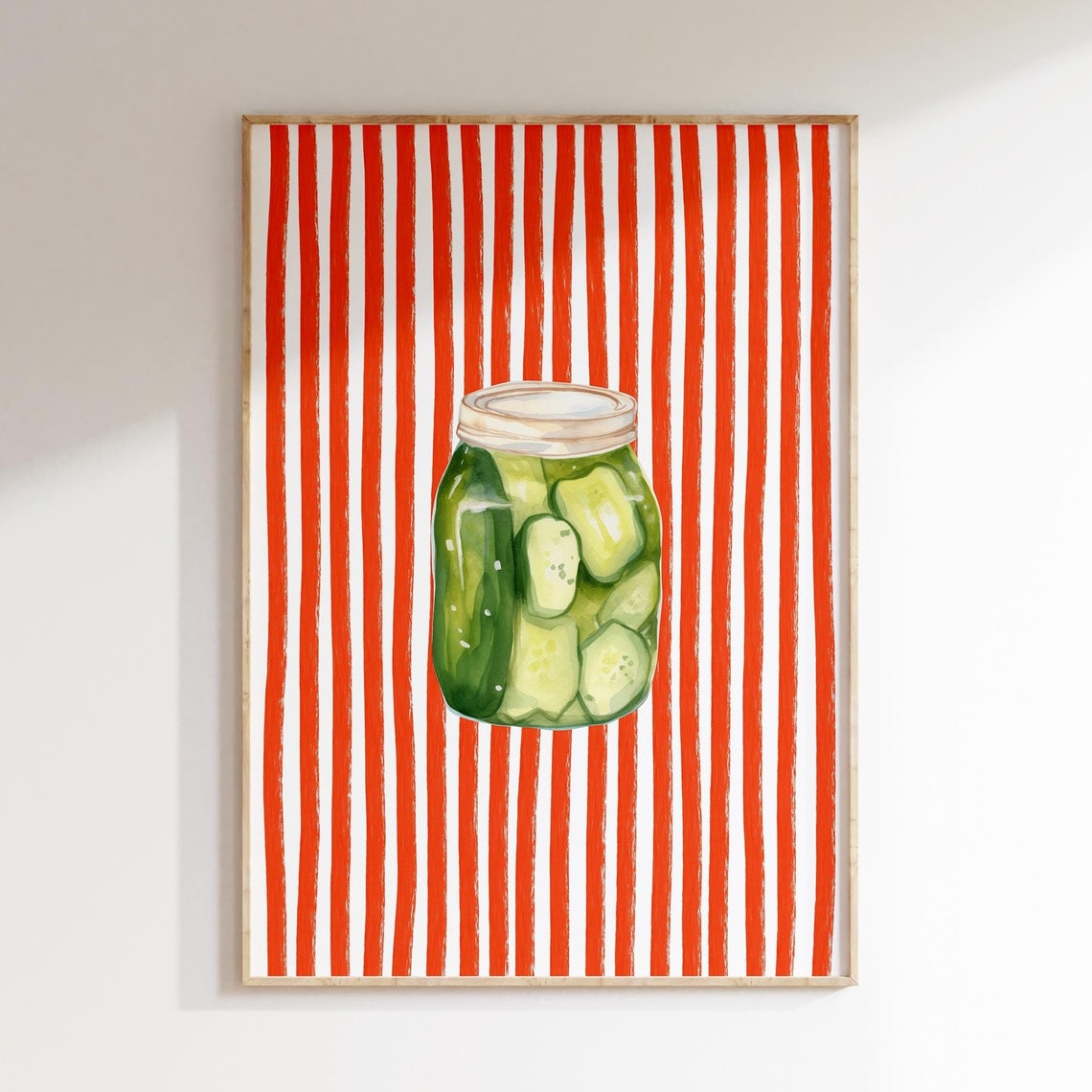 Watercolor Pickle Jar Red White Stripe Retro Kitchen Art Poster