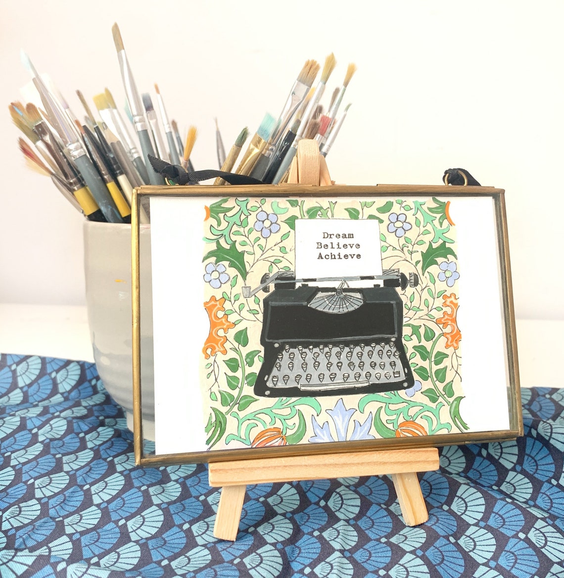Dream Believe Achieve Black Typewriter Floral Botanical Art Print